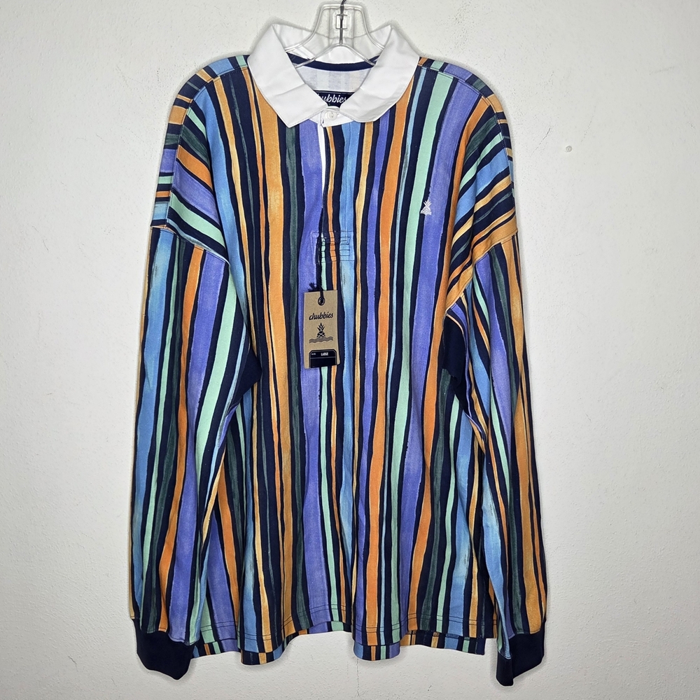 Chubbies NWT Striped Afternoon Special Rugby Polo Shirt Long Sleeve Preppy Large